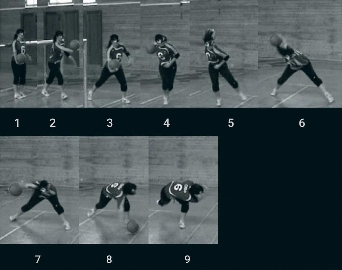 Sequenz von Aufnahmen: Person in Turnhalle beim Werfen und Dribbeln eines Balls.